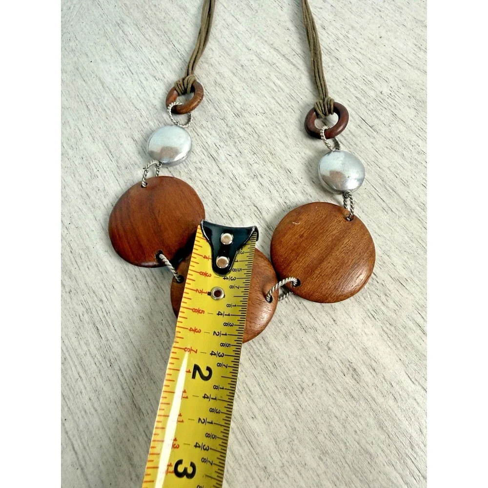 Chunky Round Wood Disc & Textured Silver Statement Necklace Rope Cord Boho